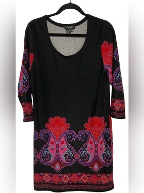 Papillon Black Paisley Border Print 3/4 Sleeve Dress Size XL